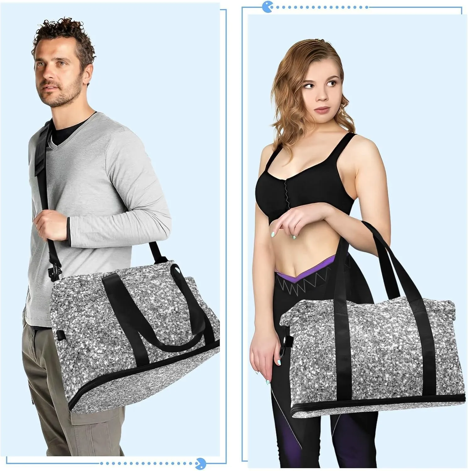 Silver White Shiny Glittering Background Yellow Holiday Tinsel Gym Duffel Bag, Polyester Travel Weekender Luggage Handbag with Waterproof Pocket for Wet Items, Unisex Foldable Tote for Sports