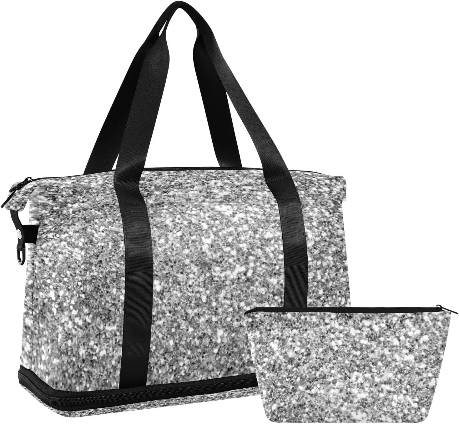Silver White Shiny Glittering Background Yellow Holiday Tinsel Gym Duffel Bag, Polyester Travel Weekender Luggage Handbag with Waterproof Pocket for Wet Items, Unisex Foldable Tote for Sports
