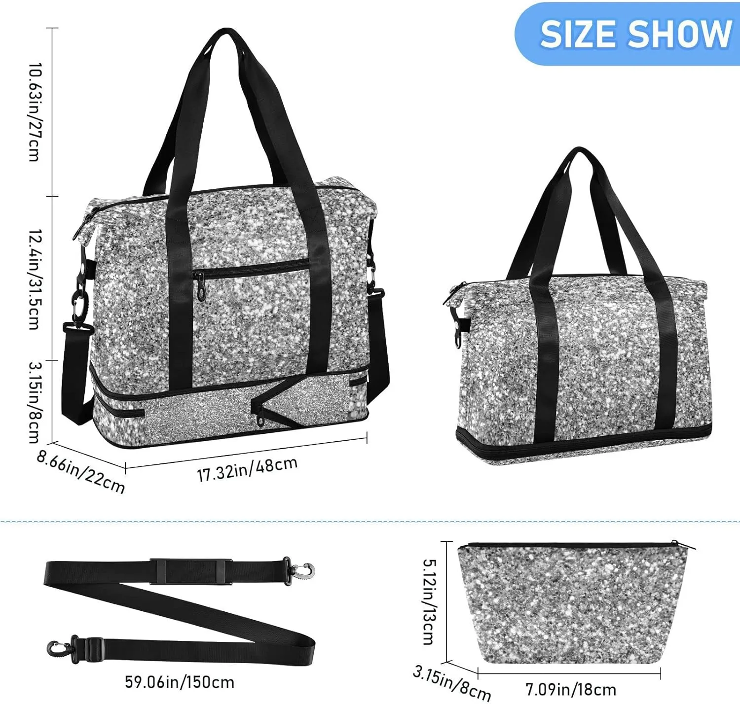 Silver White Shiny Glittering Background Yellow Holiday Tinsel Gym Duffel Bag, Polyester Travel Weekender Luggage Handbag with Waterproof Pocket for Wet Items, Unisex Foldable Tote for Sports