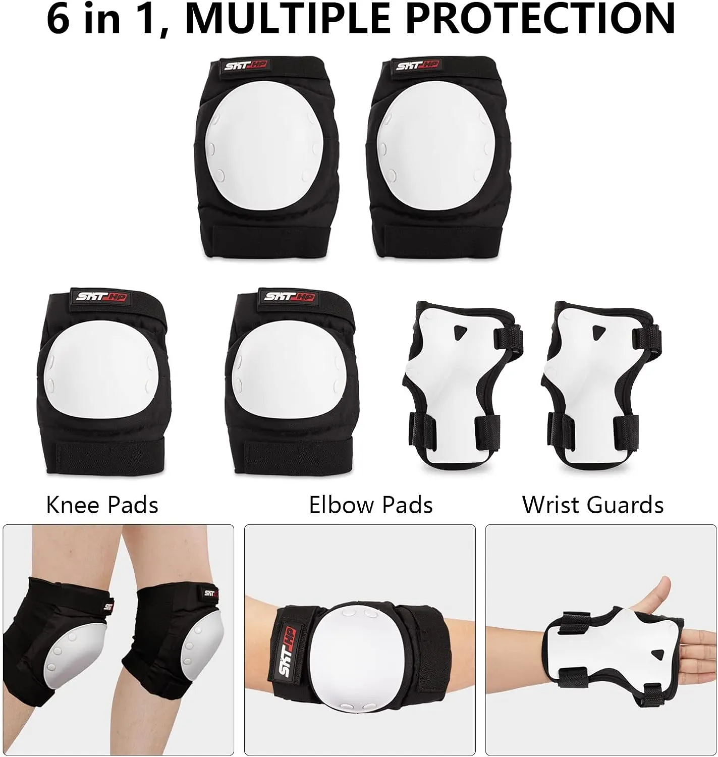 SKT HP Protective Gear for Adults, Knee Pads Elbow Pads Wrist Guards for Inline Skating Biking Skateboarding