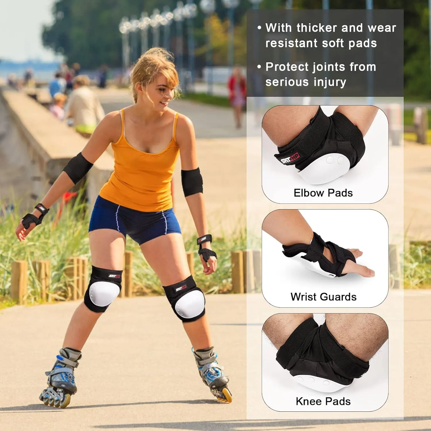 SKT HP Protective Gear for Adults, Knee Pads Elbow Pads Wrist Guards for Inline Skating Biking Skateboarding