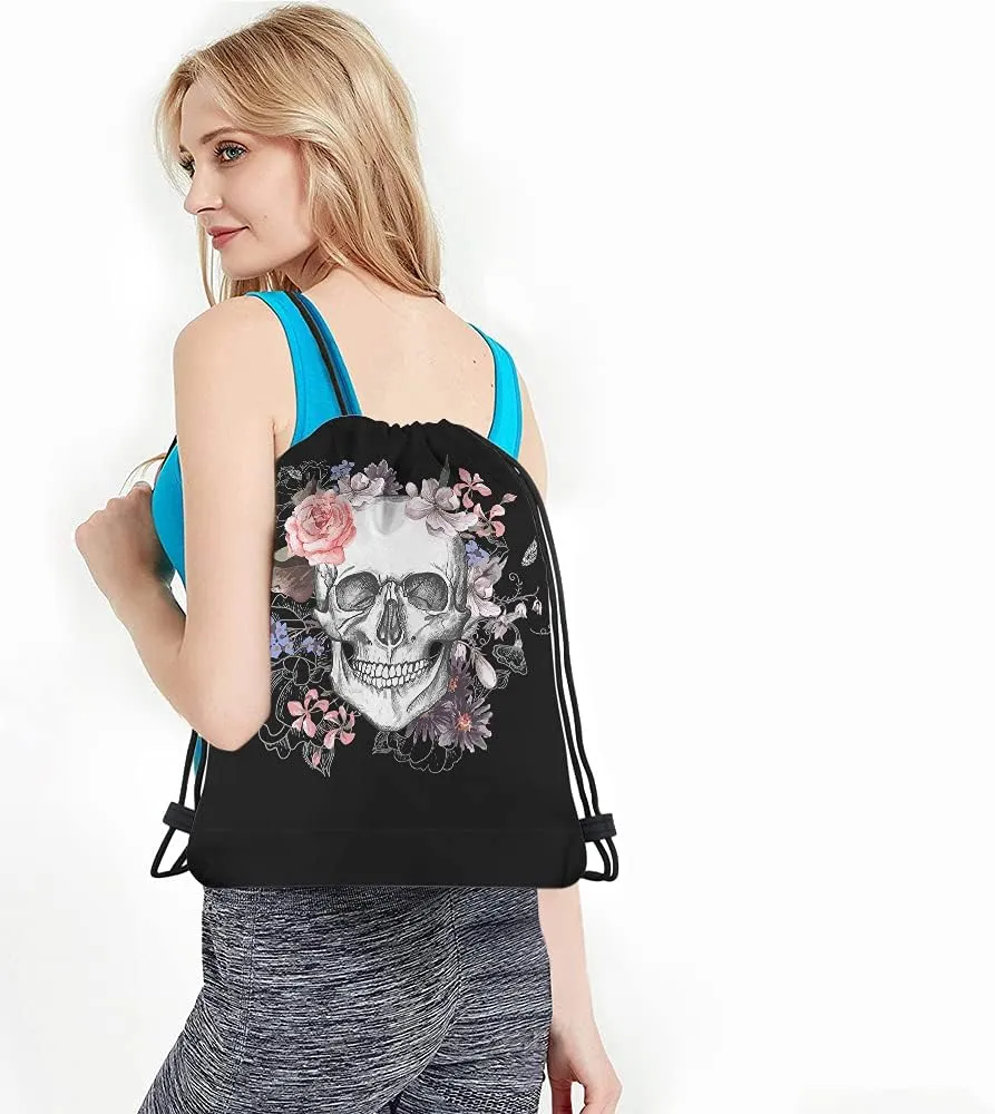 Skull Drawstring Bags Backpack Bag Day Of The Dead Mexican Sugar Skeleton Gothic Style Rose Art Floral Sport Gym Sack Drawstring Bag String Bag Yoga Bag for Men Women