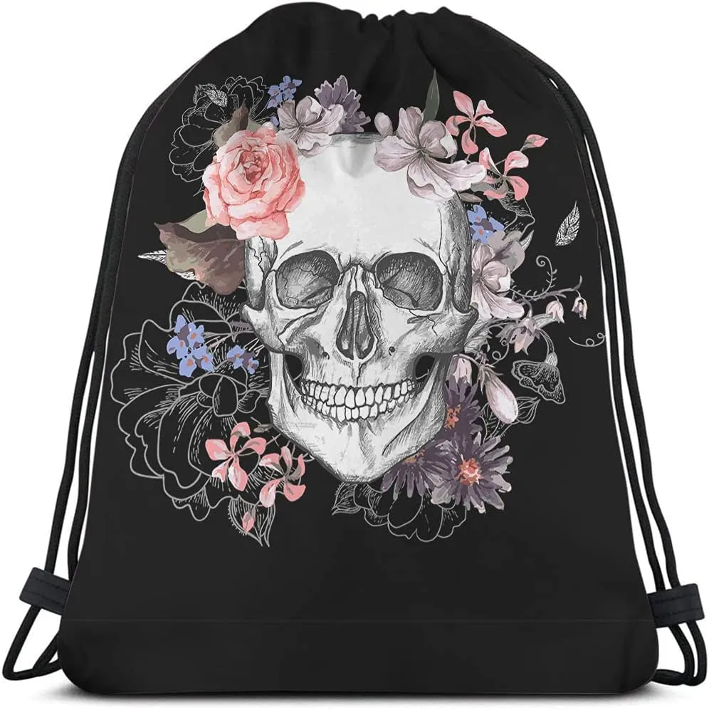 Skull Drawstring Bags Backpack Bag Day Of The Dead Mexican Sugar Skeleton Gothic Style Rose Art Floral Sport Gym Sack Drawstring Bag String Bag Yoga Bag for Men Women