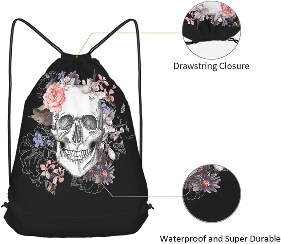 Skull Drawstring Bags Backpack Bag Day Of The Dead Mexican Sugar Skeleton Gothic Style Rose Art Floral Sport Gym Sack Drawstring Bag String Bag Yoga Bag for Men Women