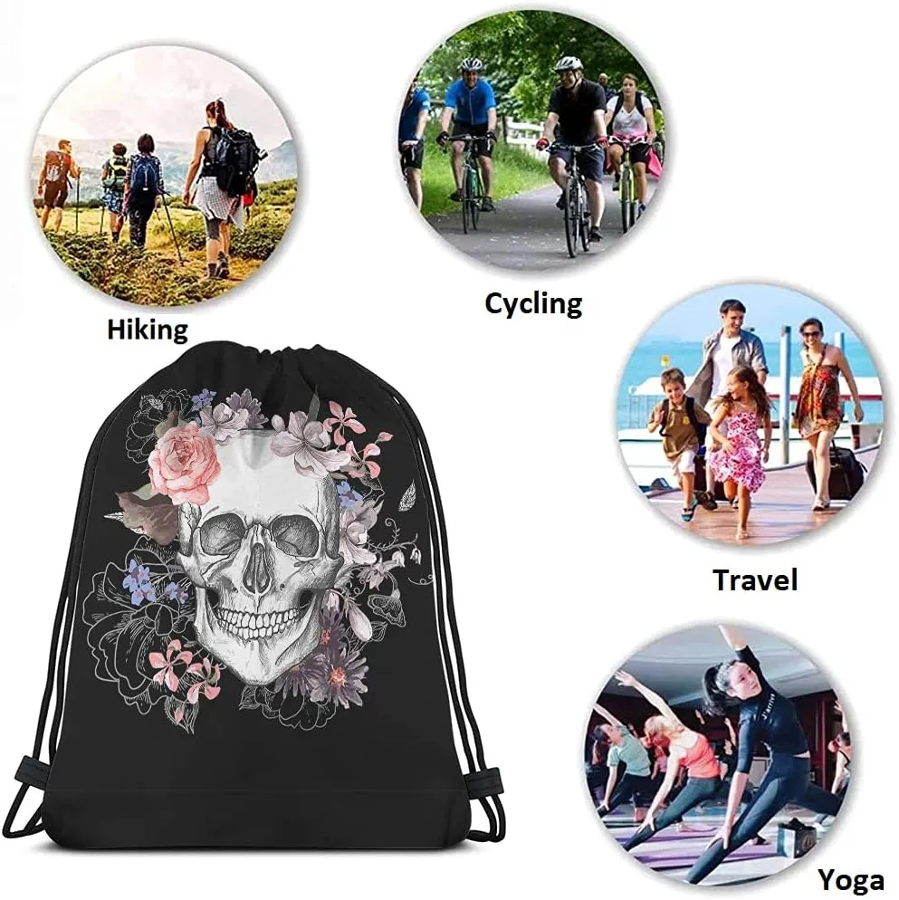 Skull Drawstring Bags Backpack Bag Day Of The Dead Mexican Sugar Skeleton Gothic Style Rose Art Floral Sport Gym Sack Drawstring Bag String Bag Yoga Bag for Men Women