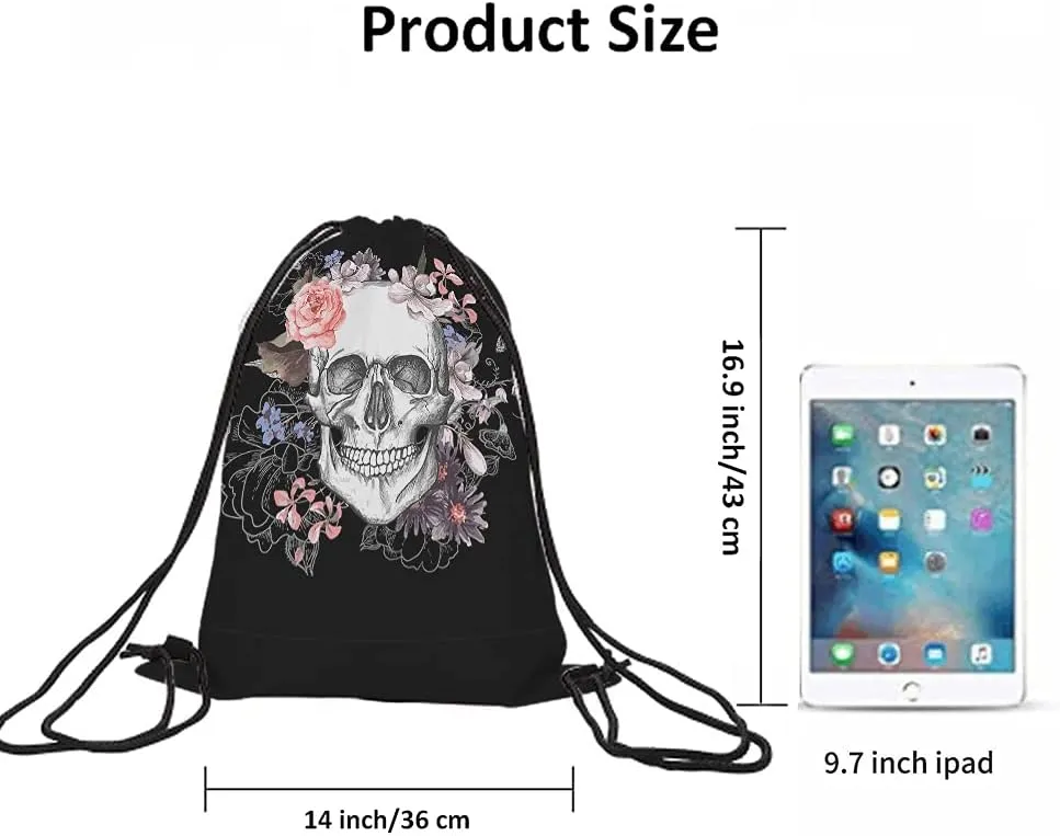 Skull Drawstring Bags Backpack Bag Day Of The Dead Mexican Sugar Skeleton Gothic Style Rose Art Floral Sport Gym Sack Drawstring Bag String Bag Yoga Bag for Men Women