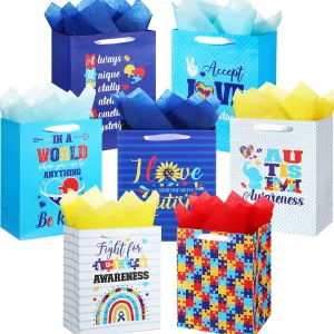 Skybooly 14 Set Large Autism Awareness Gift Bags with Ribbon Handle and Tissue, Reinforced Bottom, Heavy Duty Paper, 13" Colorful Puzzle Pieces Treat Bags for Event, Fundraisers, Party Supplies