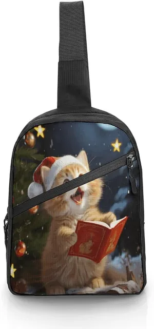 Sling Bag Crossbody Backpack,Cute Cat Sing Christmas Carols Print Chest Bag,Crossbody Bags Fanny Pack