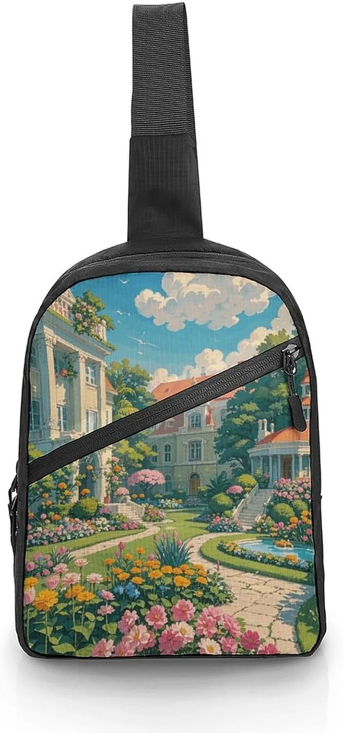 Sling Bag for Women Men Whimsical Gardens Academy Crossbody Bag Casual Daypack Backpack Shoulder Chest Bag Fashion Waist Pack Water Resistant Fanny Pack Crossbody Shoulder Bag