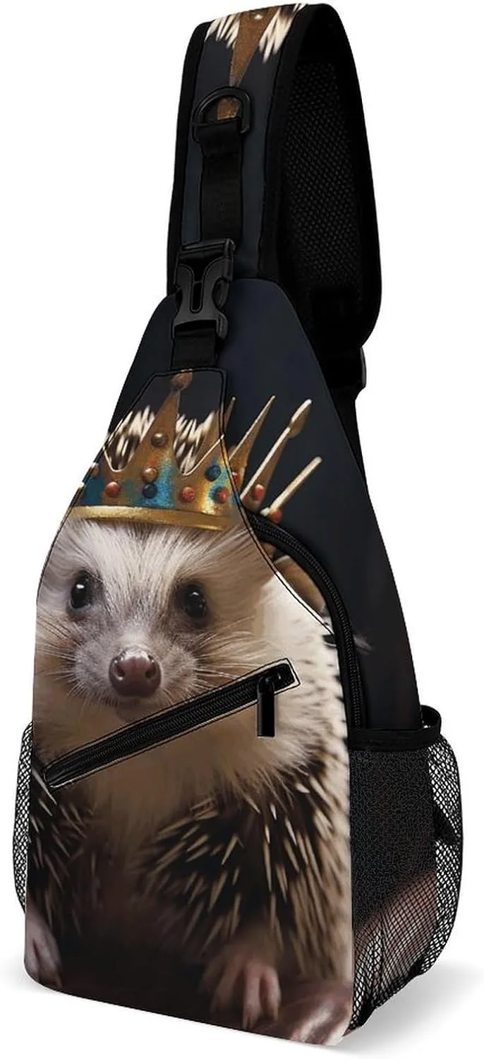 Sling Bag,Crown with Hedgehog Print Chest Bag,crossbody Chest Bag,casual Shoulder Backpack with Front Pocket