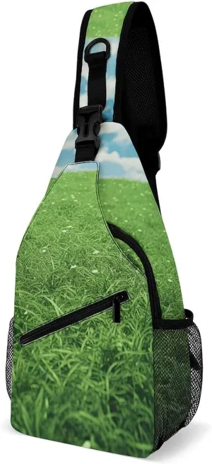 Sling Bag,Green Lawn Print Chest Bag