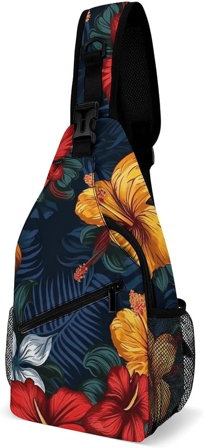 Sling Bag,Realistic Hawaiian Flowers Print Chest Bag