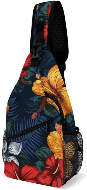 Sling Bag,Realistic Hawaiian Flowers Print Chest Bag