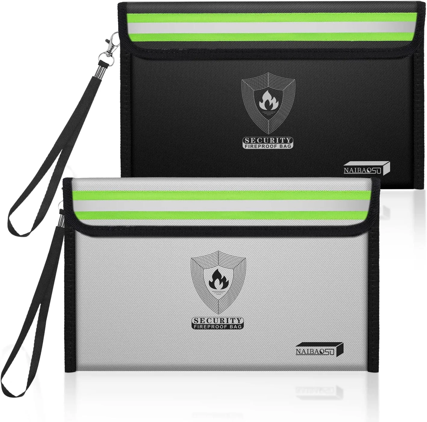 Small Fireproof Money Bag (8.6 x 6.3 inches) with Reflective Strip, featuring a metal zipper and strap. Ideal for storing cash, passports, and valuables. Available in a 2-pack.