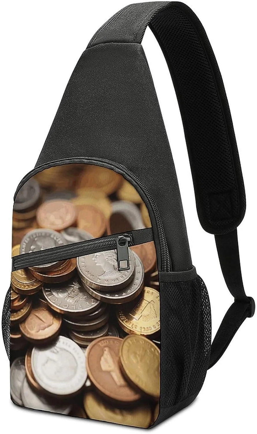 Small Sling Backpack Crossbody Bag,Currency Coin Print Chest Bag