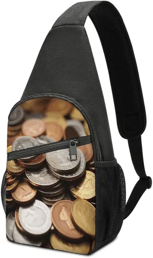 Small Sling Backpack Crossbody Bag,Currency Coin Print Chest Bag