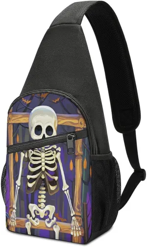 Small Sling Backpack Crossbody Bag,Skeleton Sitting on A Shelf Print Chest Bag,Travel Hiking Chest Bag Daypack for Women Men