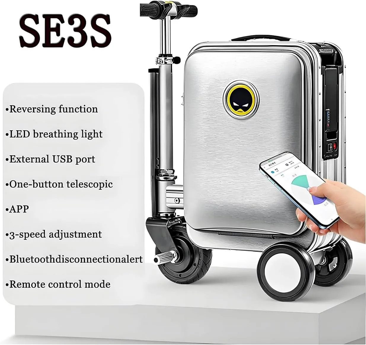 Smart Electric Luggage, Lightweight Rideable Suitcase, Scooter Luggage for Adults, Load 110Kg/Charging Time: 2h, One-button Telescopic  3 Speed Adjustment, for Business Trip/Travel,Black