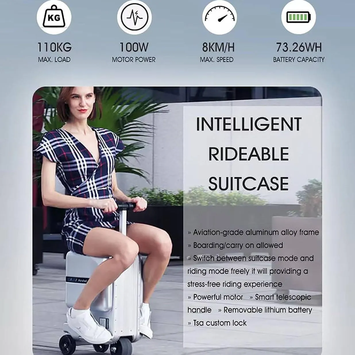 Smart Electric Luggage, Lightweight Rideable Suitcase, Scooter Luggage for Adults, Load 110Kg/Charging Time: 2h, One-button Telescopic  3 Speed Adjustment, for Business Trip/Travel,Black