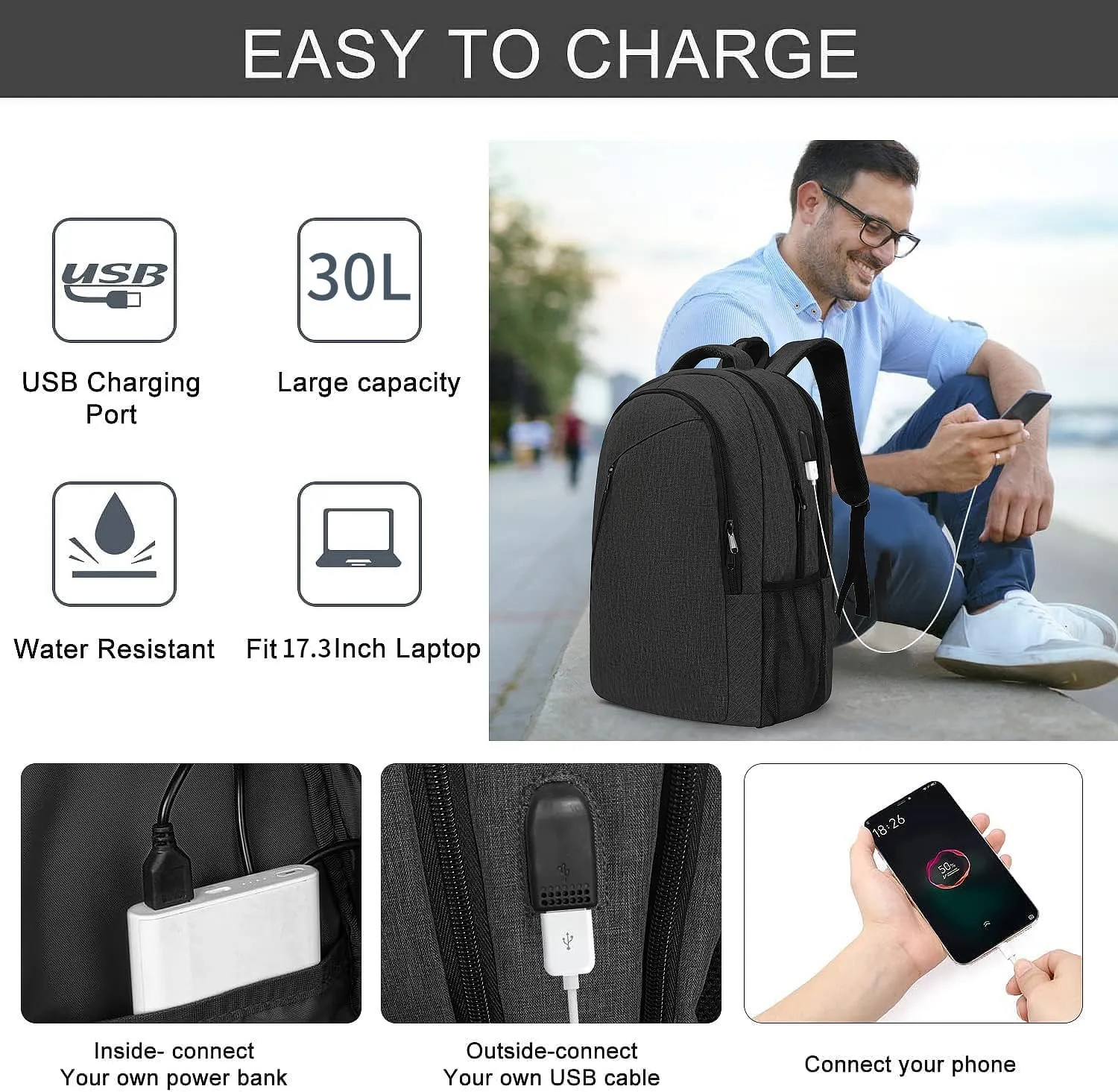 SMONT Laptop Backpack for Men, 17" Mens Business Computer Office Tech Commuter Work Bookbag with USB Charging Port Anti Theft Water Resistant Dark Grey
