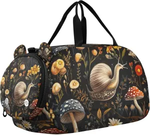 Snails Mushrooms and Flowers Sports Duffle Bag for Kids Girls Boys, Gym Bag with Shoe Compartments, Kids Travel Overnight Weekender Shoulder Bag