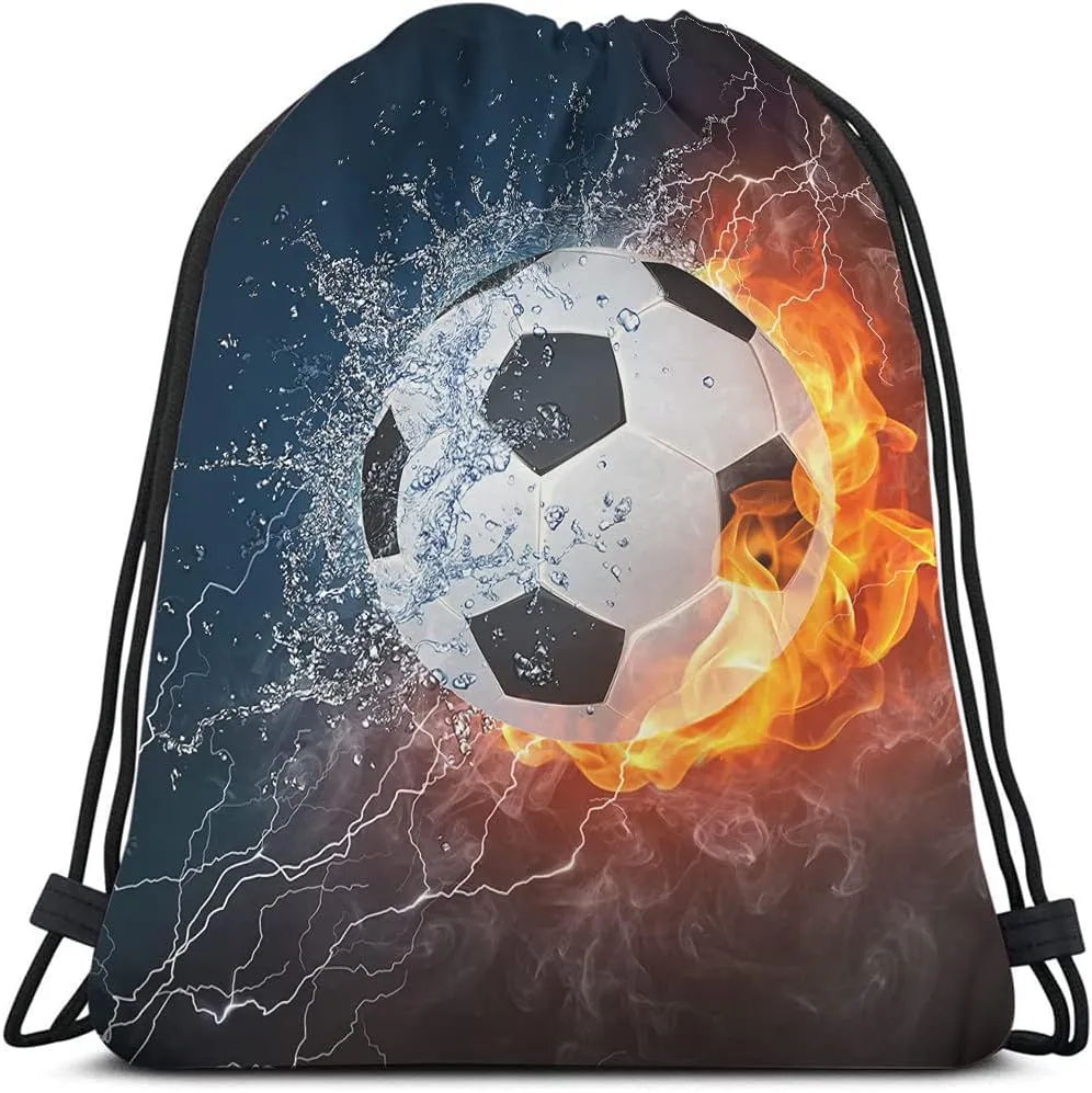 Soccer Drawstring Bags Backpack Bag Ball In Burning Fire And Water Lightening Sports Passion Football Game Sport Gym Sack Drawstring Bag String Bag Yoga Bag for Men Women