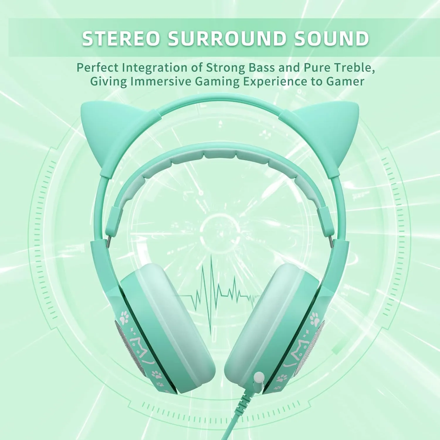 SOMIC G951S Green Gaming Headset with Microphone for PS4, PS5, Xbox One, PC, Cat Ear Headphones Over Ear with in-Line Mic Control, Stereo Sound for Girls, Woman