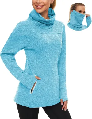Soneven Women's Running Fleece Sweatshirts Cowl Neck Pullover Long sleeve Shirt with Thumb Holes and Neck Gaiter Face Mask