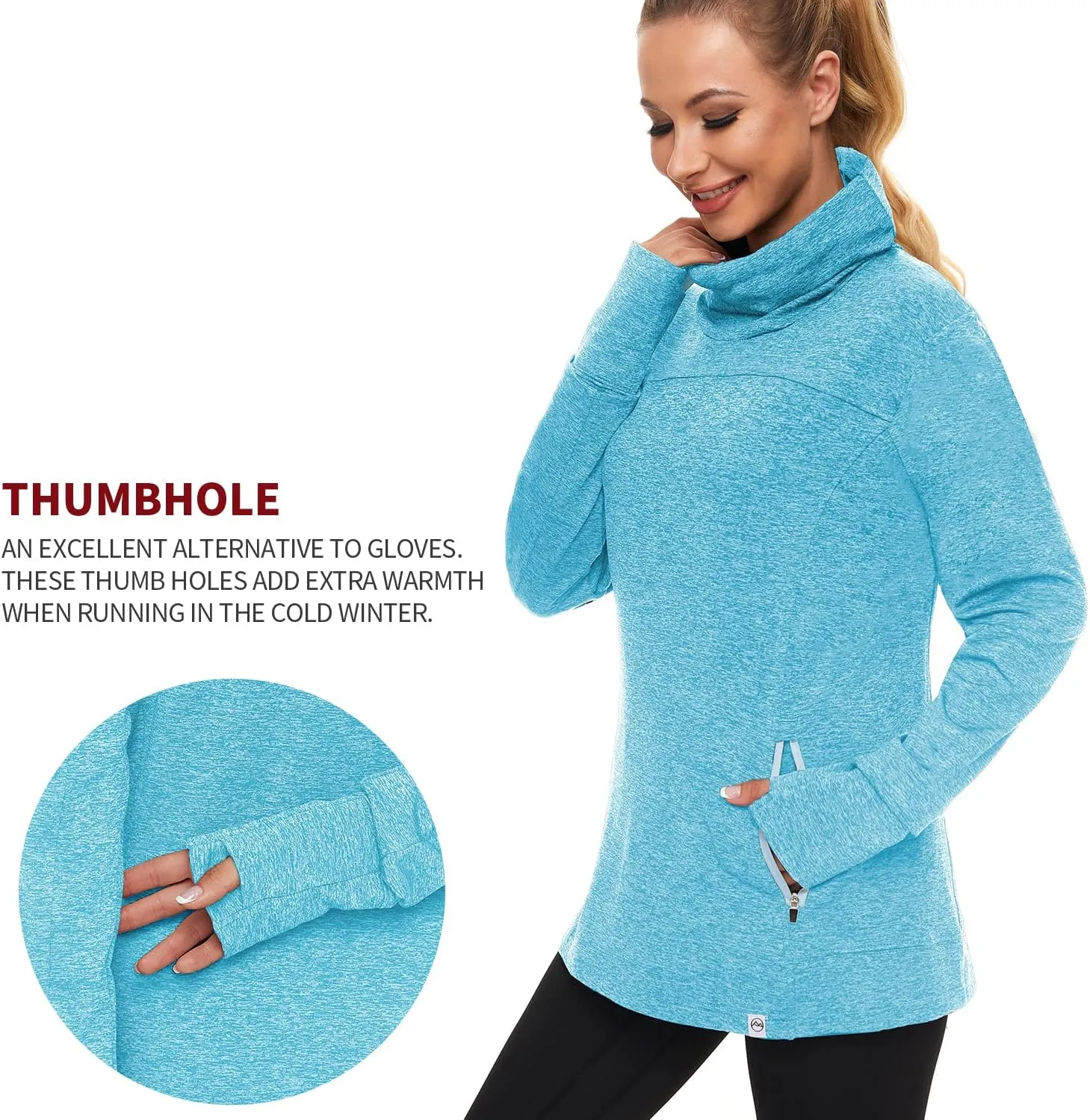 Soneven Women's Running Fleece Sweatshirts Cowl Neck Pullover Long sleeve Shirt with Thumb Holes and Neck Gaiter Face Mask
