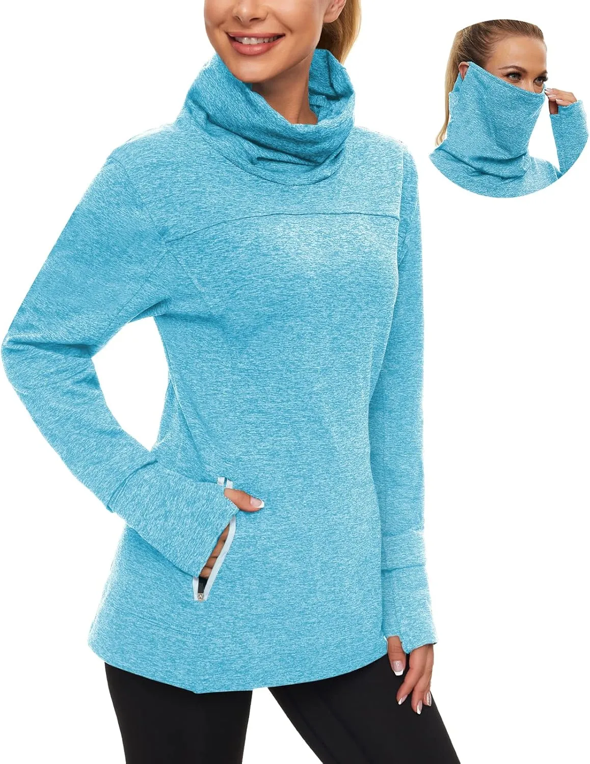 Soneven Women's Running Fleece Sweatshirts Cowl Neck Pullover Long sleeve Shirt with Thumb Holes and Neck Gaiter Face Mask