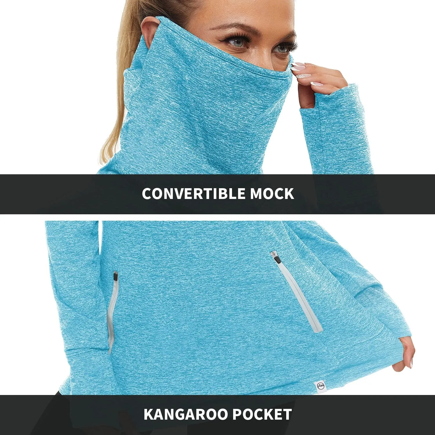 Soneven Women's Running Fleece Sweatshirts Cowl Neck Pullover Long sleeve Shirt with Thumb Holes and Neck Gaiter Face Mask