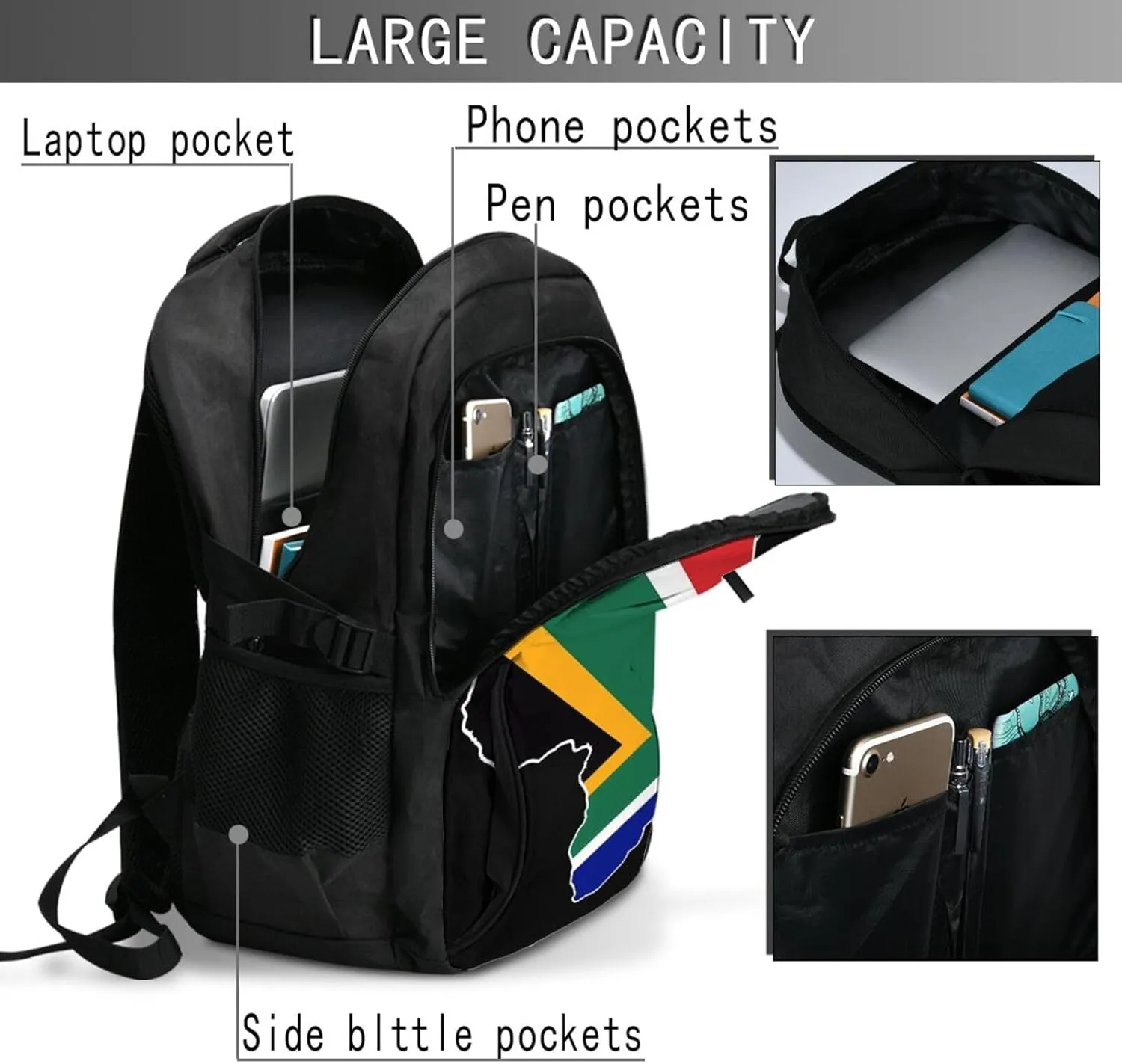 South Africa Flag Map Business Laptop Backpack Travel Backpacks Outdoor Rucksack Large Bag Daypack with USB Charging Port Multi-Pocket for Hiking Camping