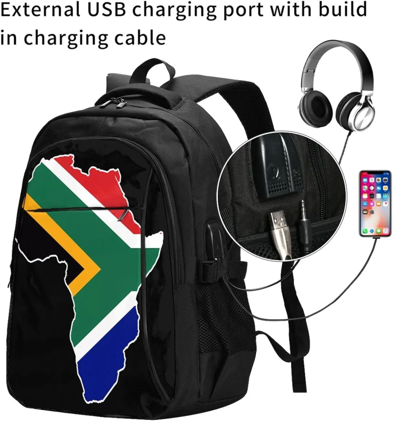 South Africa Flag Map Business Laptop Backpack Travel Backpacks Outdoor Rucksack Large Bag Daypack with USB Charging Port Multi-Pocket for Hiking Camping
