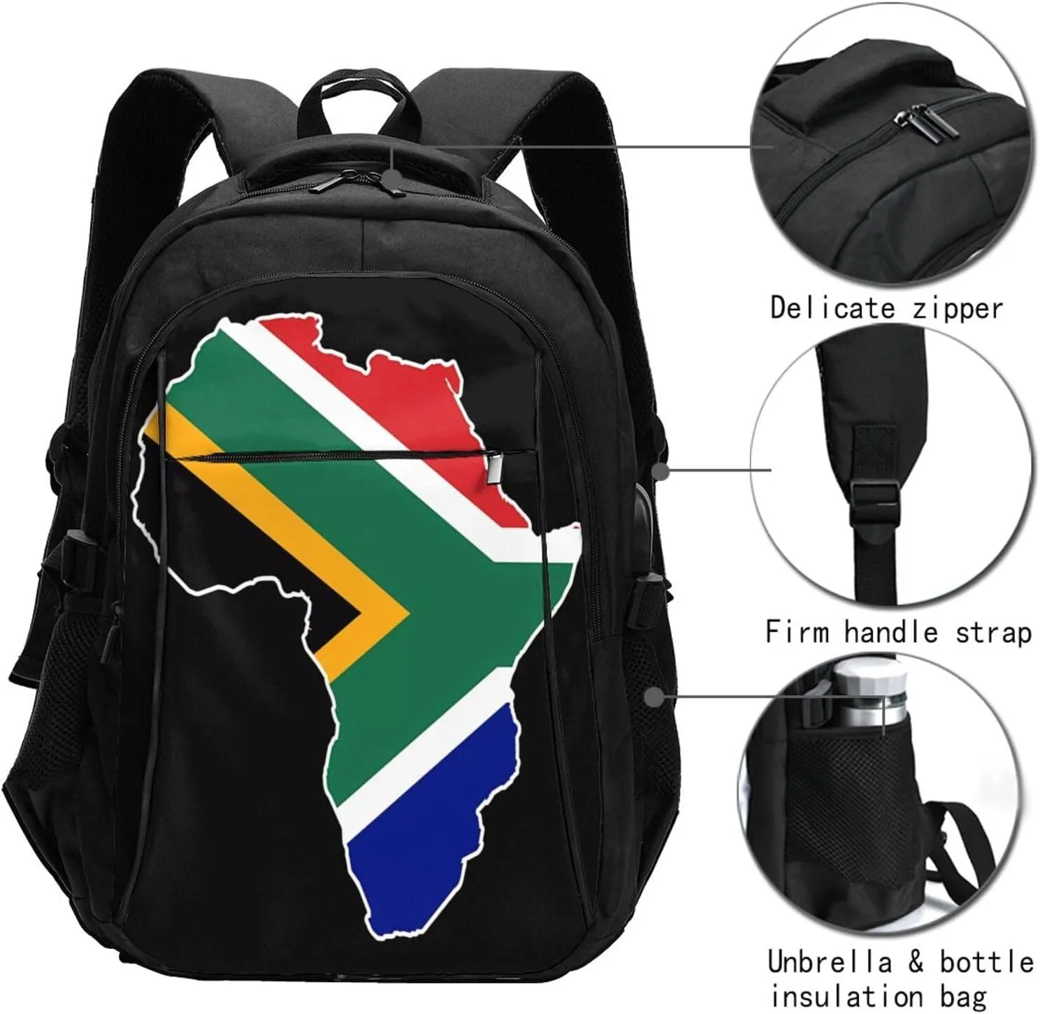 South Africa Flag Map Business Laptop Backpack Travel Backpacks Outdoor Rucksack Large Bag Daypack with USB Charging Port Multi-Pocket for Hiking Camping