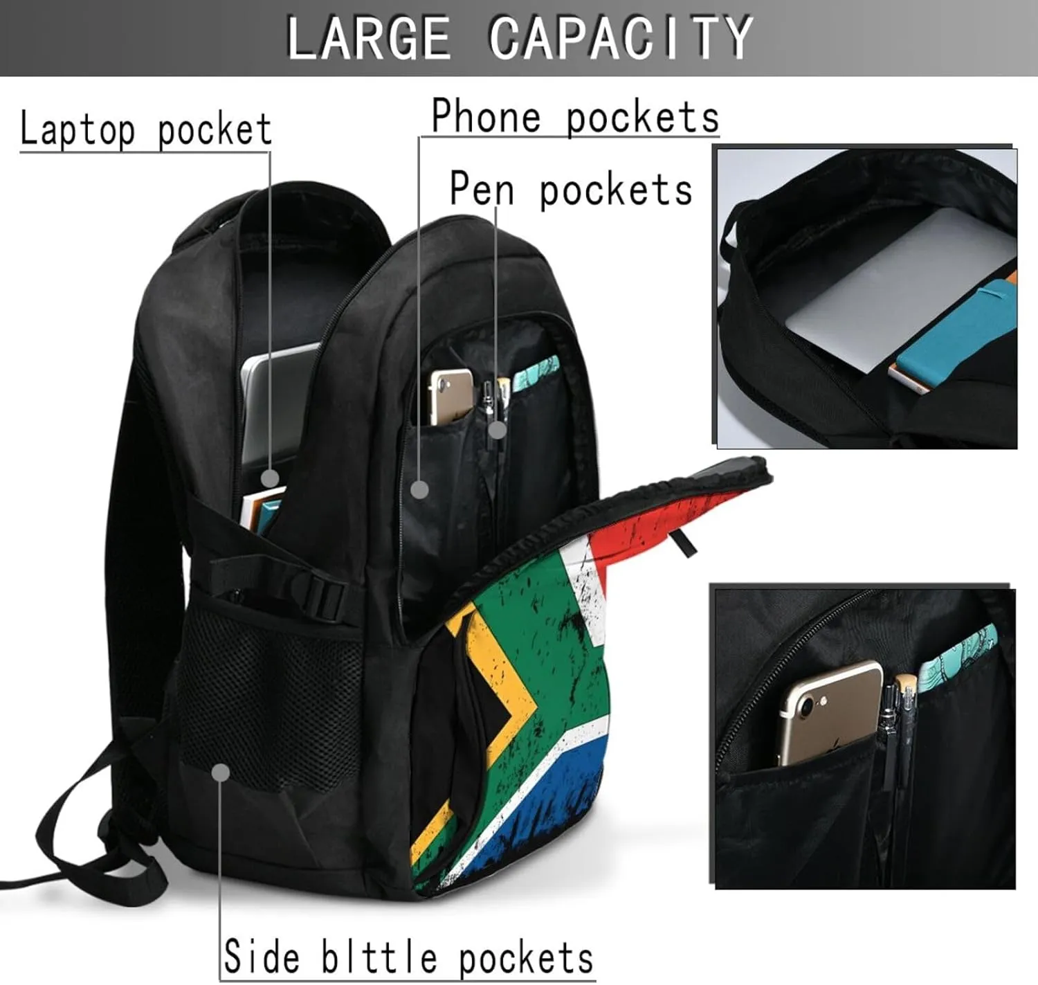 South Africa Flag South African Root Business Laptop Backpack Travel Backpacks Outdoor Rucksack Large Bag Daypack with USB Charging Port Multi-Pocket for Hiking Camping