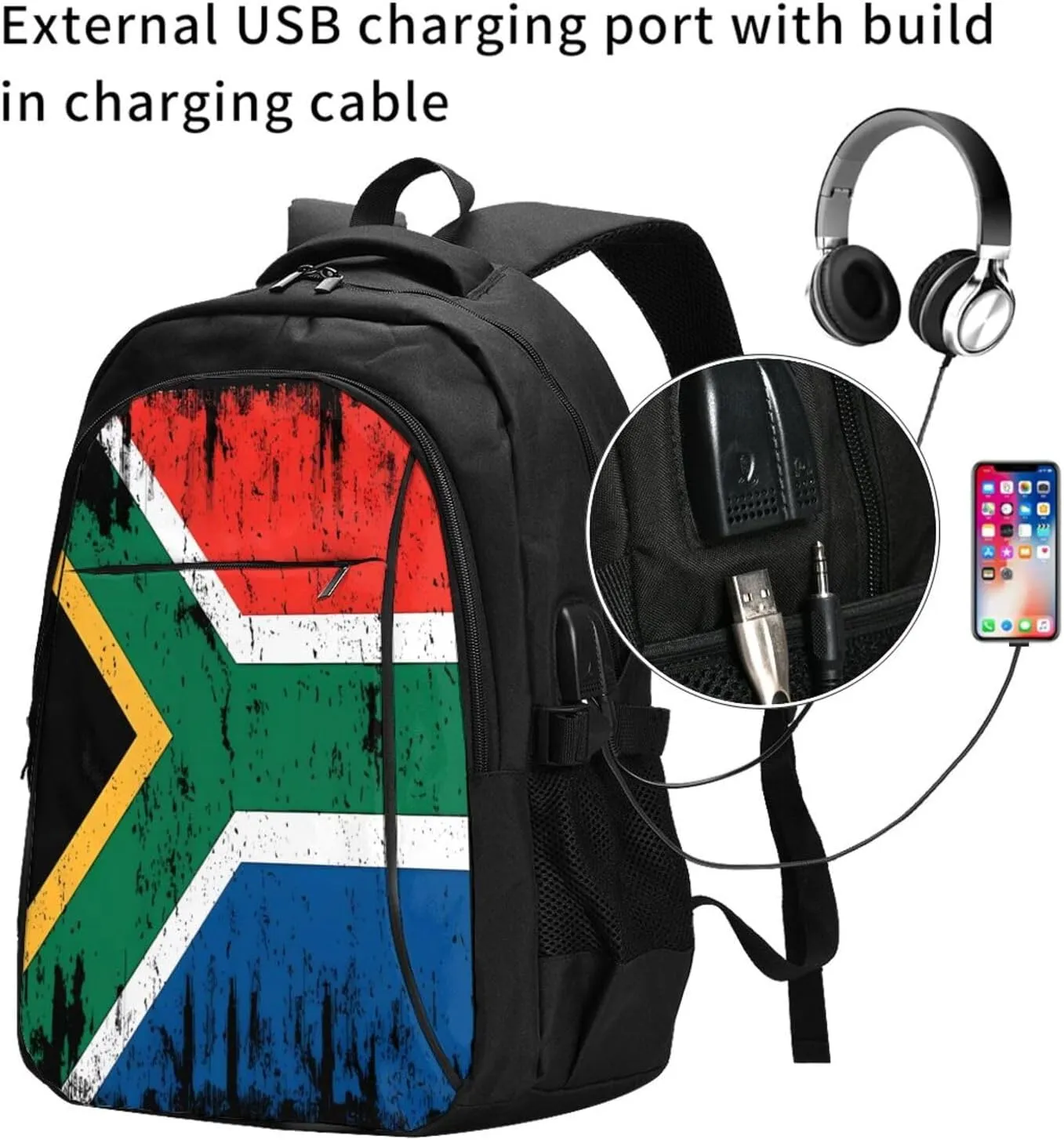 South Africa Flag South African Root Business Laptop Backpack Travel Backpacks Outdoor Rucksack Large Bag Daypack with USB Charging Port Multi-Pocket for Hiking Camping