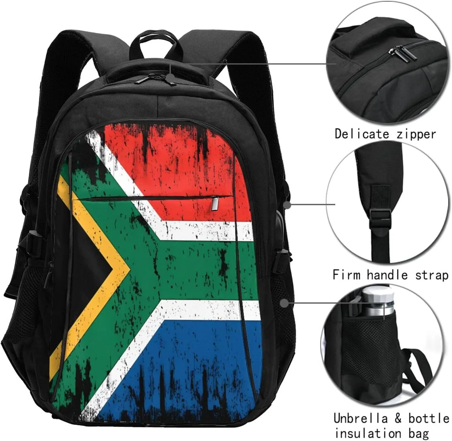 South Africa Flag South African Root Business Laptop Backpack Travel Backpacks Outdoor Rucksack Large Bag Daypack with USB Charging Port Multi-Pocket for Hiking Camping