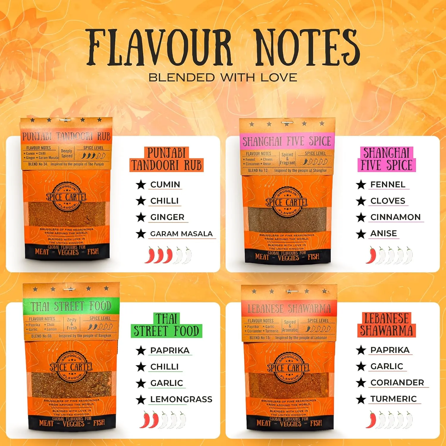Spice Cartel's Asian Street Food Collection of Artisanal Herb & Spice Blends from Across Asia. Hand Made Grilling Gifts For Dad From The UK. 4 * 35g Resealable Pouches.