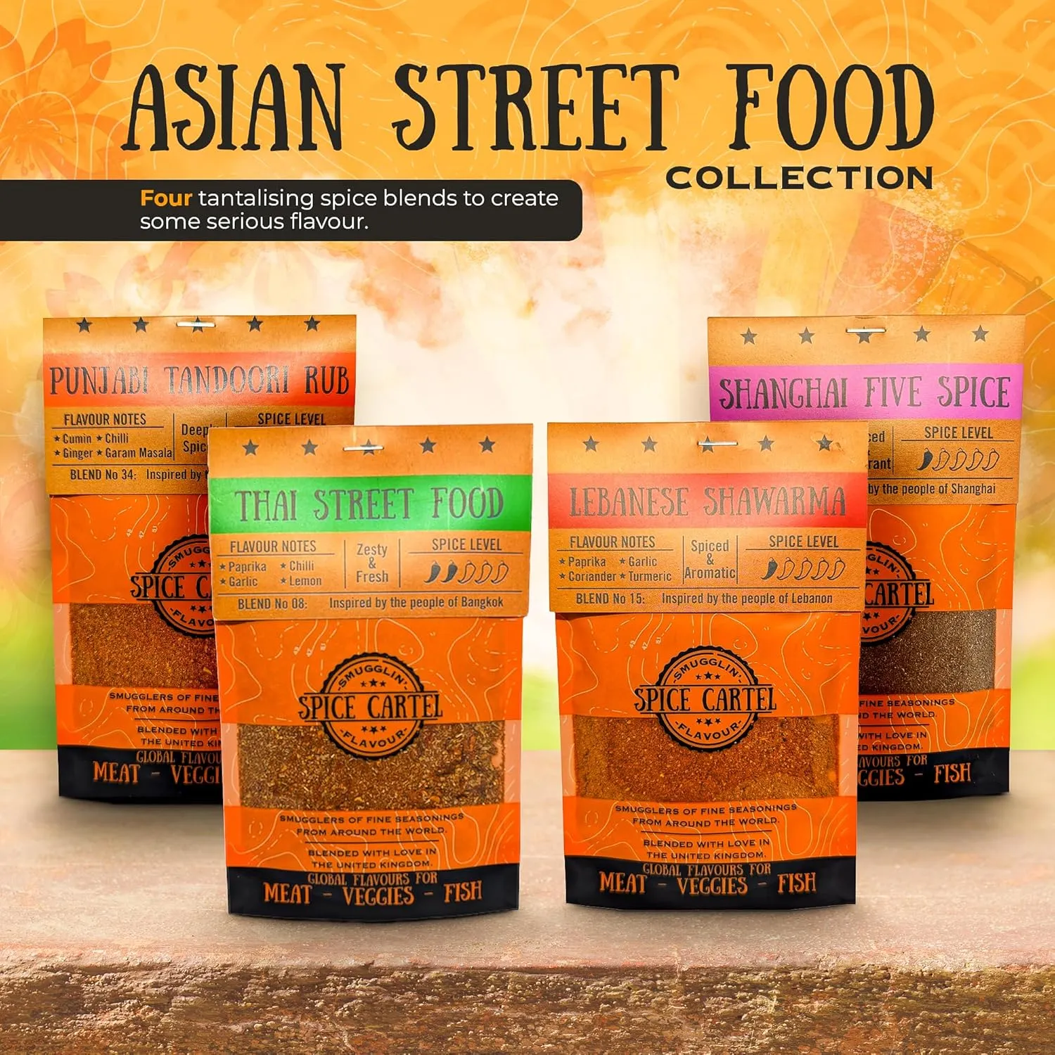 Spice Cartel's Asian Street Food Collection of Artisanal Herb & Spice Blends from Across Asia. Hand Made Grilling Gifts For Dad From The UK. 4 * 35g Resealable Pouches.