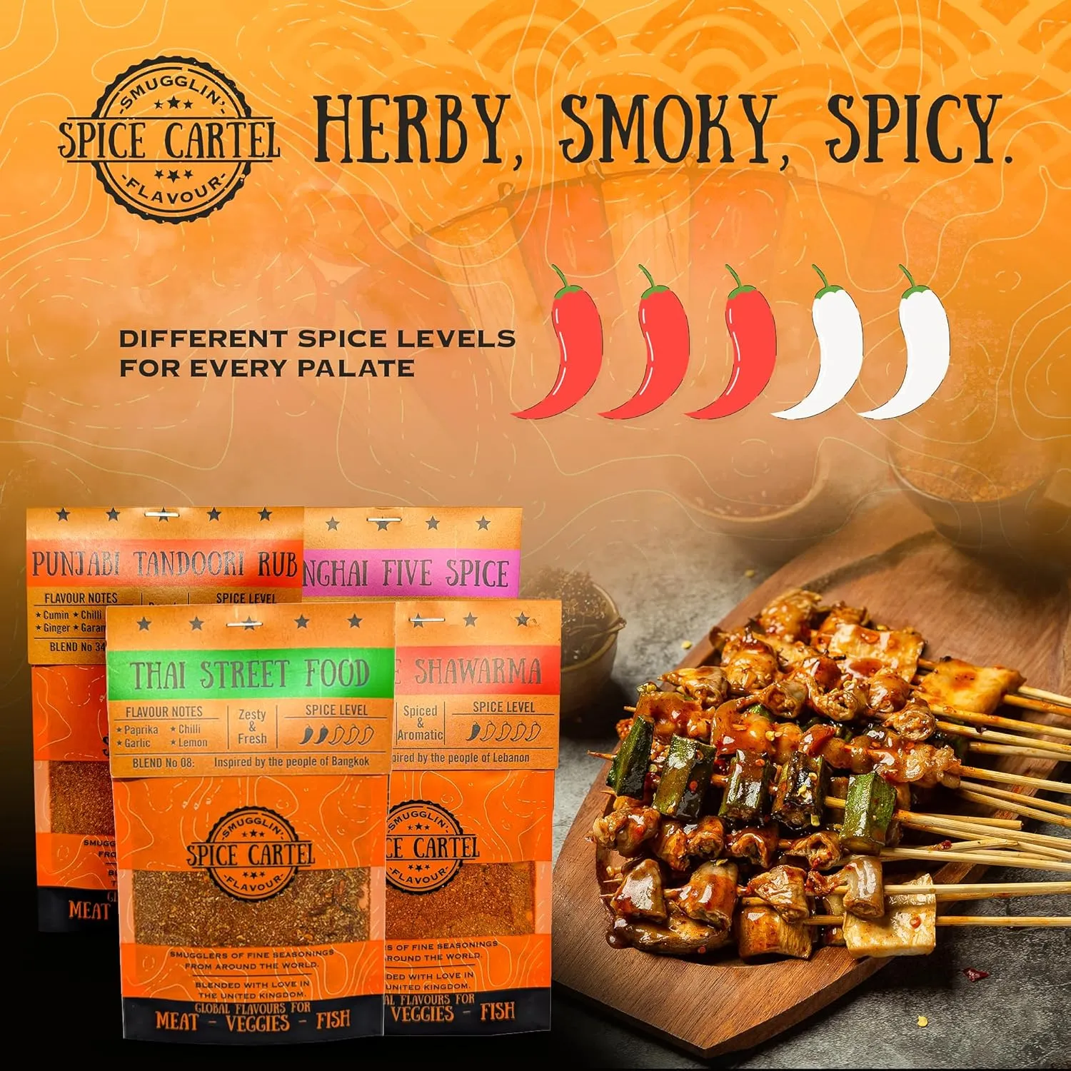 Spice Cartel's Asian Street Food Collection of Artisanal Herb & Spice Blends from Across Asia. Hand Made Grilling Gifts For Dad From The UK. 4 * 35g Resealable Pouches.