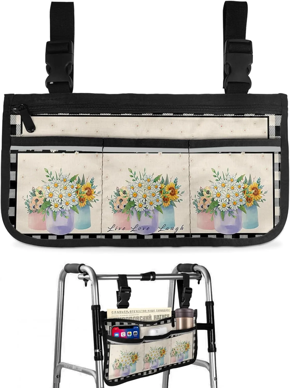 Spring Florals Wheelchair Side Bag Walker Bag, Daisy Vase Rustic Botanical Black Checkered Lade Wheelchair Accessories Armrest Pouch, Organizer Storage Bag for Walkers, Rollators, 7.3''x13''