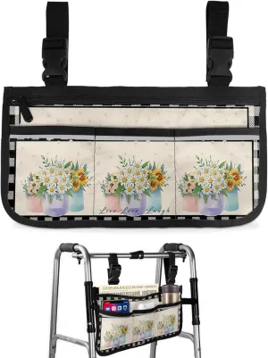 Spring Florals Wheelchair Side Bag Walker Bag, Daisy Vase Rustic Botanical Black Checkered Lade Wheelchair Armrest Accessories Organizer Pouch for Walkers, Rollators, Scooters, 7.3''x13''