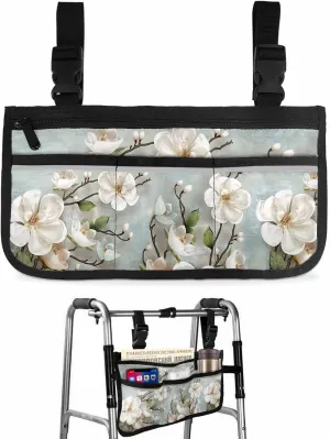 Spring Flower Wheelchair Side Bag Walker Bag, Elegant Floral Rustic Botanical Vintage Teal Wheelchair Armrest Accessories Organizer Pouch for Walkers, Rollators, Scooters, 7.3''x13''