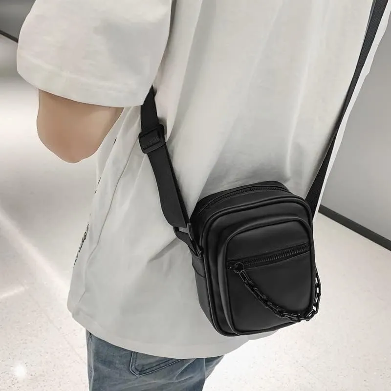 Square Mini Crossbody Bag with Chain for Men Travel Shoulder Waist Pouch Office Messenger Bag for Cell Phone (Black)