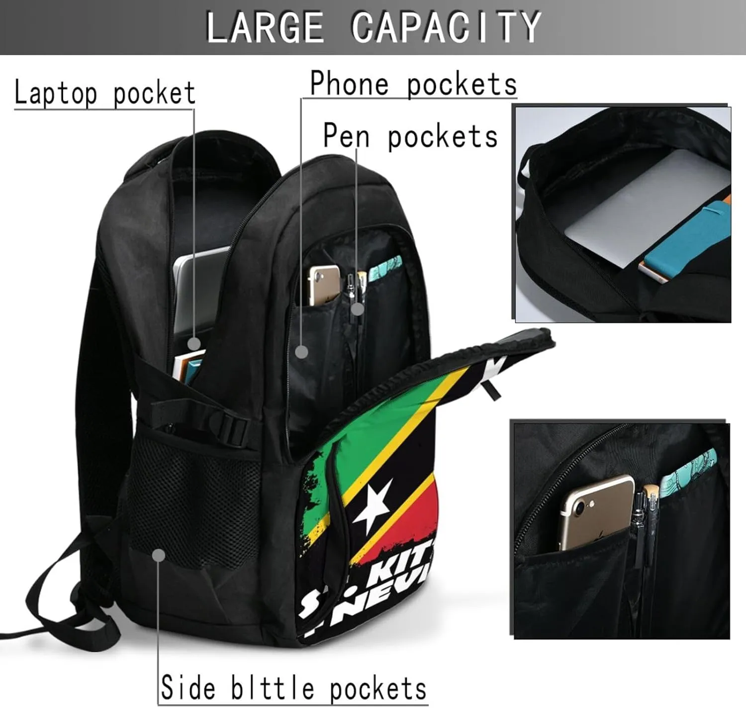 St Kitts Nevis National Flag Business Laptop Backpack Travel Backpacks Outdoor Rucksack Large Bag Daypack with USB Charging Port Multi-Pocket for Hiking Camping