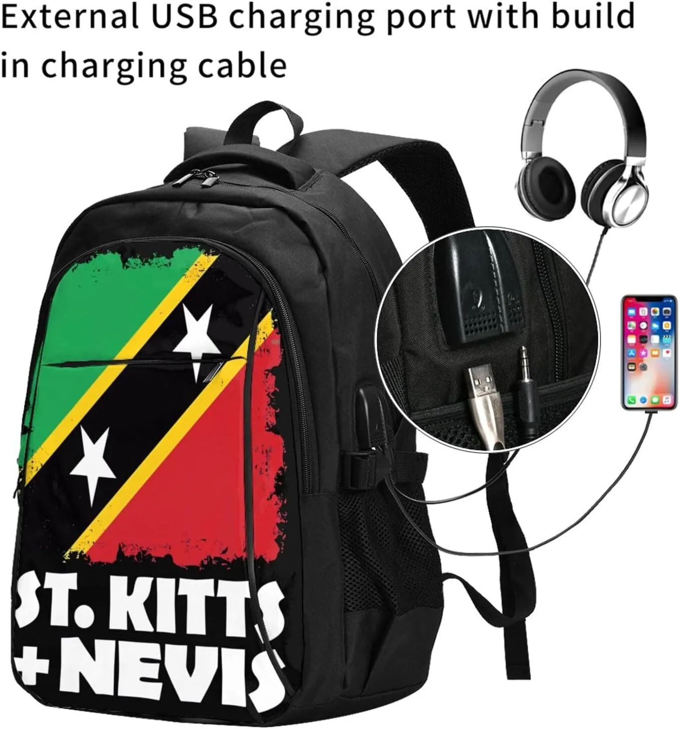 St Kitts Nevis National Flag Business Laptop Backpack Travel Backpacks Outdoor Rucksack Large Bag Daypack with USB Charging Port Multi-Pocket for Hiking Camping
