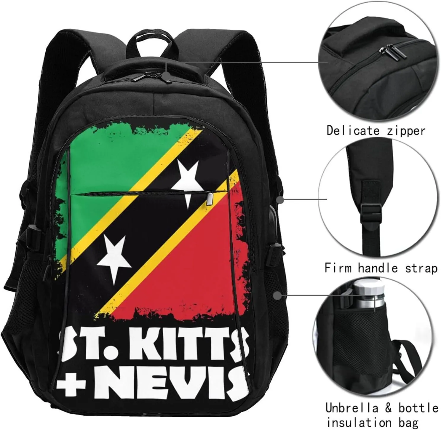 St Kitts Nevis National Flag Business Laptop Backpack Travel Backpacks Outdoor Rucksack Large Bag Daypack with USB Charging Port Multi-Pocket for Hiking Camping