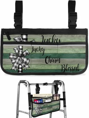 St. Patrick's Day Wheelchair Side Bag Walker Bag, Gradual Woodgrain Black Plaid Bow Wheelchair Armrest Accessories Organizer Pouch for Walkers, Rollators, Scooters, 7.3''x13''