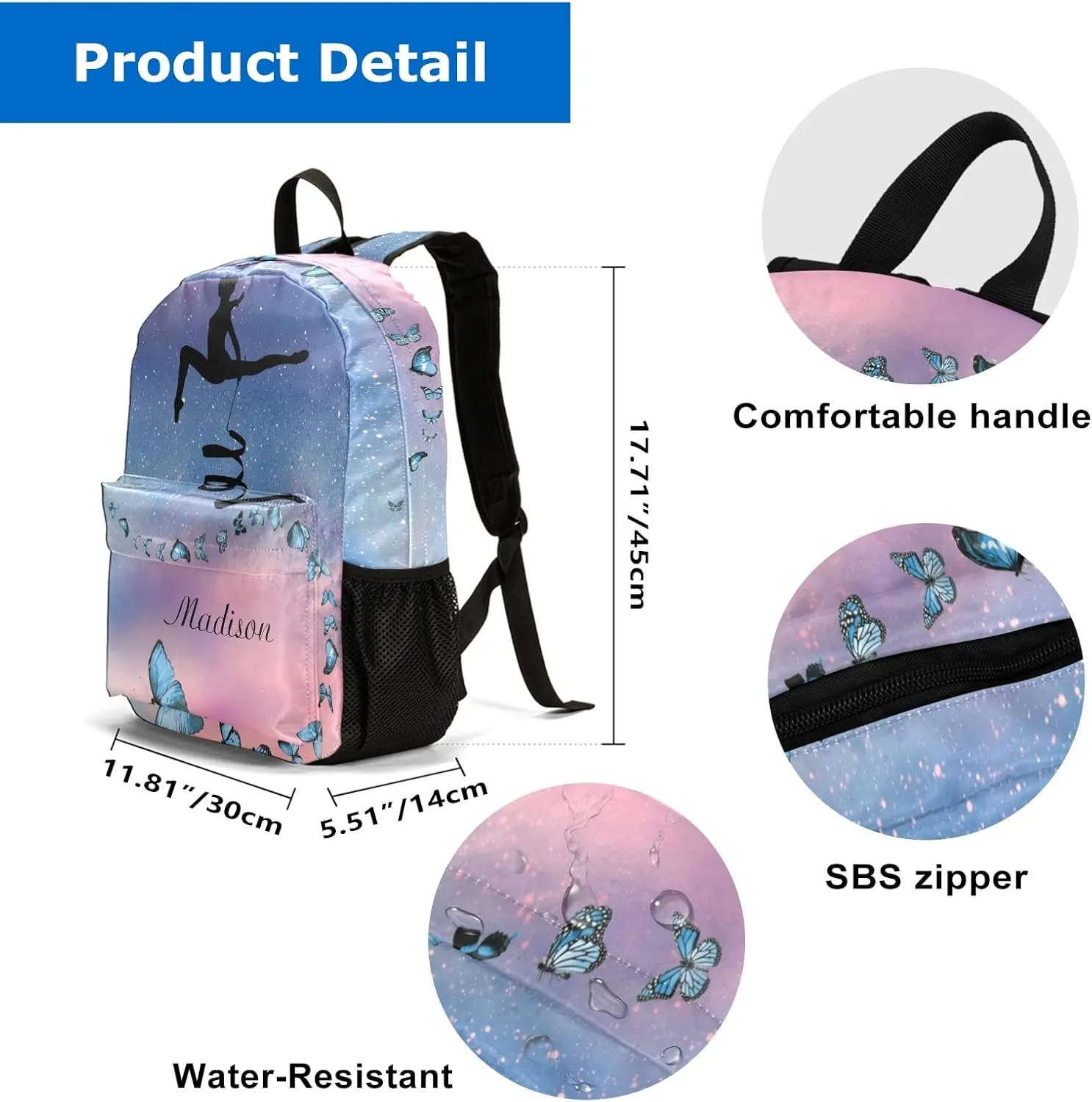 Starry Butterflies Dancer Ribbon Personalized Backpack Custom Text Unisex Bookbag for Boy Girl Travel Daypack Bag Purse 17.7 IN
