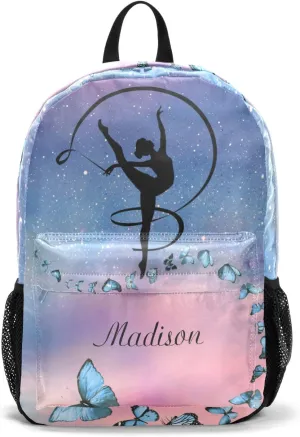 Starry Butterflies Gymnast Silhouette Personalized Backpack Custom Text Unisex Bookbag for Boy Girl Travel Daypack Bag Purse 17.7 IN
